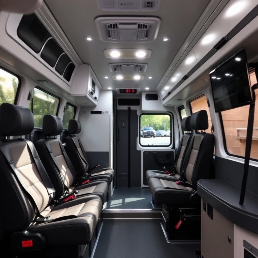 Comfortable interior of an ambulatory medical transport van with secured seating