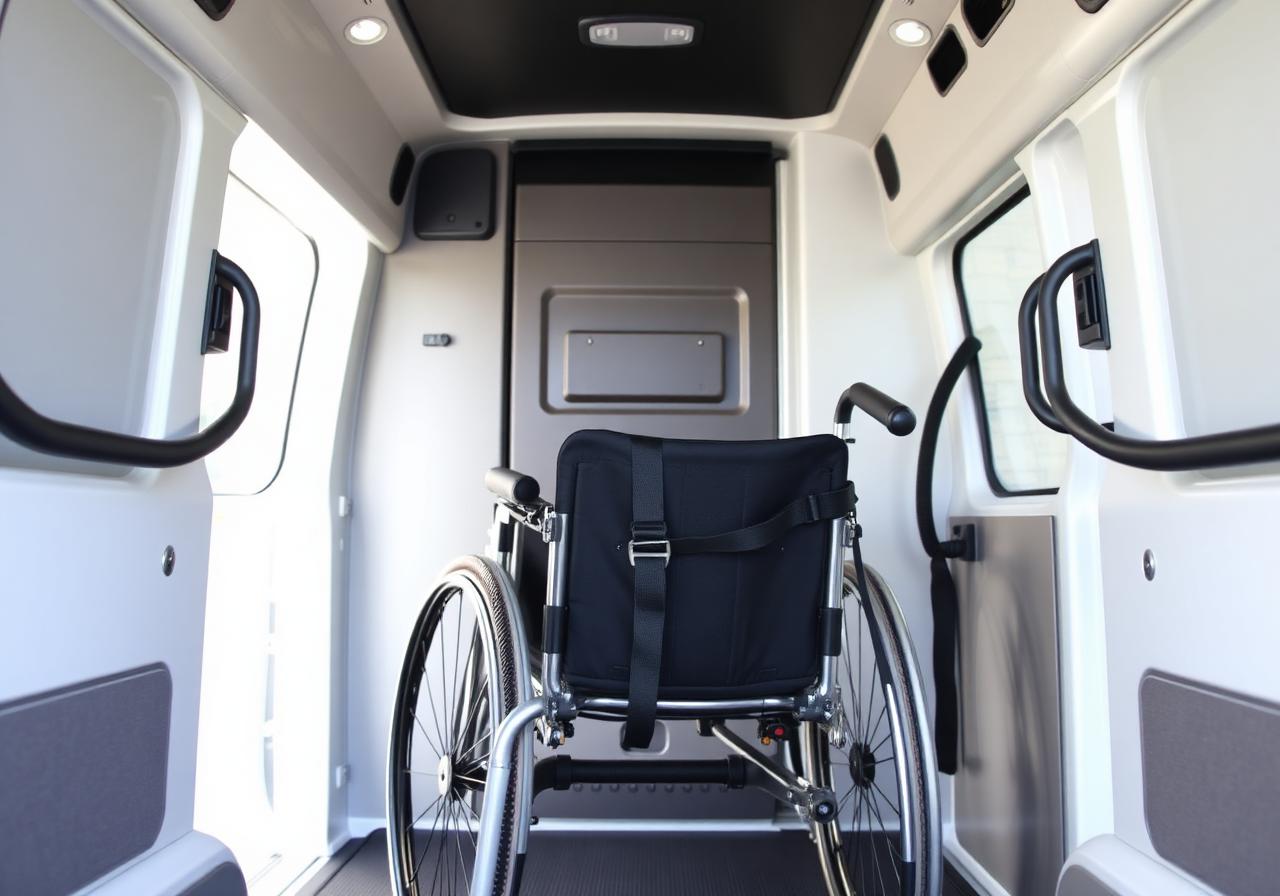 Interior of wheelchair accessible van with four-point locking system